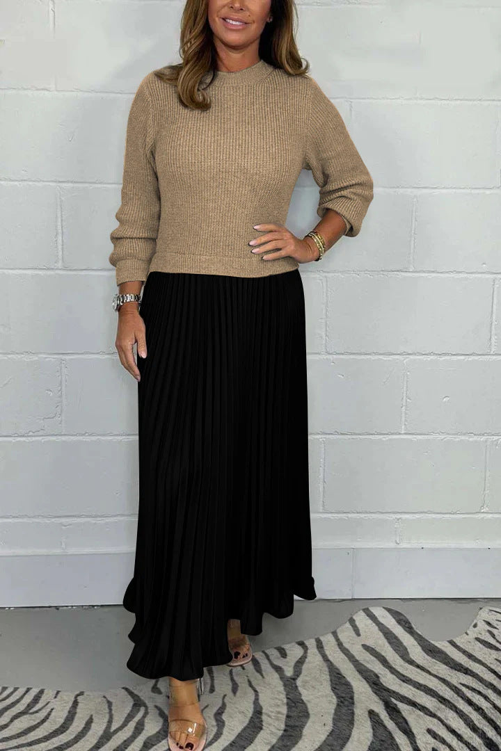 Women's Solid Color Knitted Long-sleeved Pullover Stitching Dresses