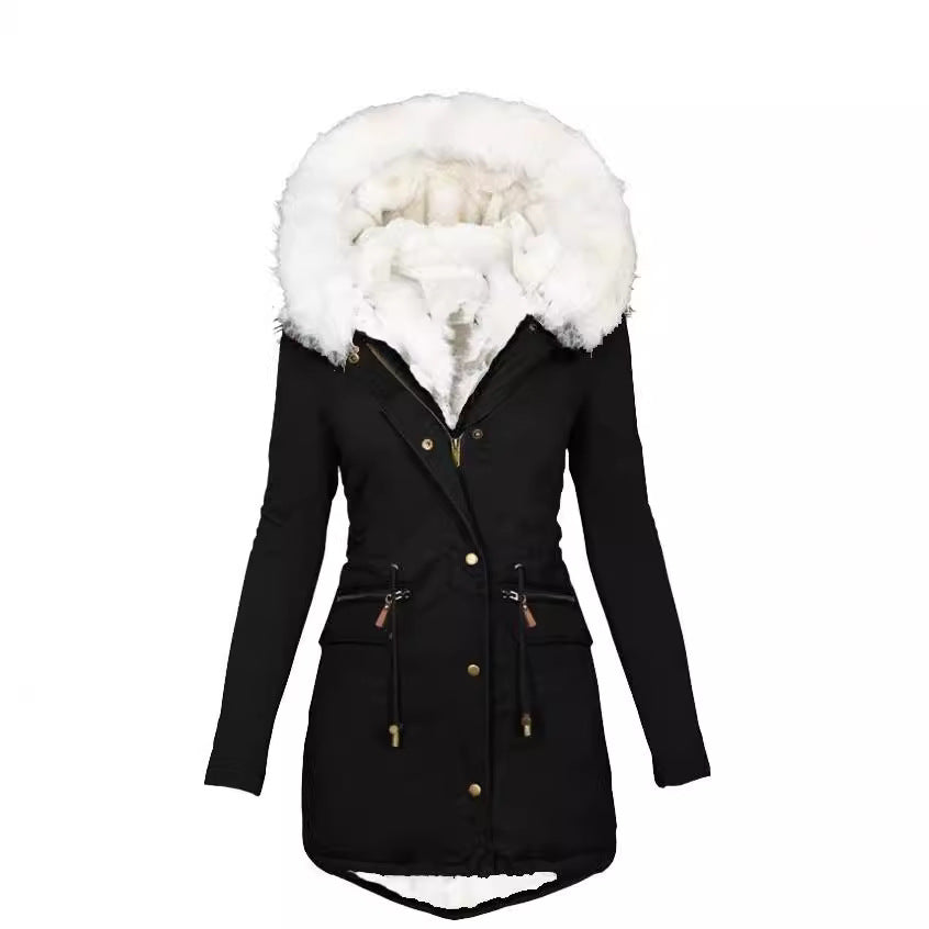 Women's Veet Cinched White Fur Collar Hooded Coats