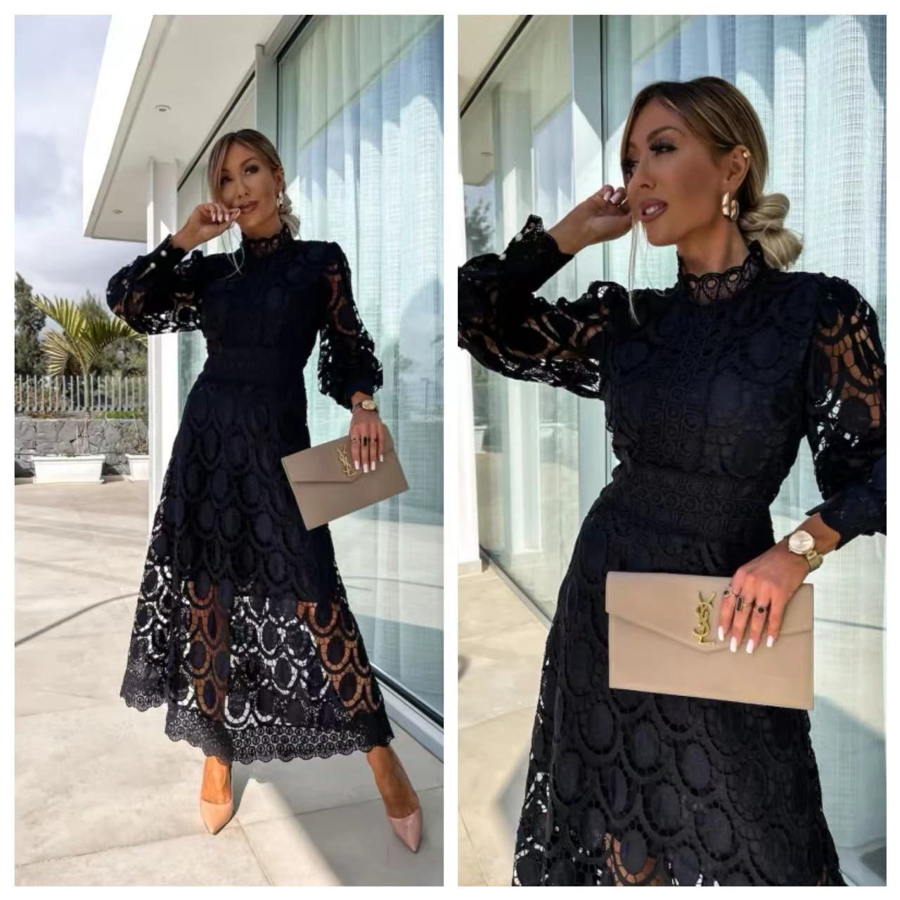French Style Lace Stand Collar Puff Dresses