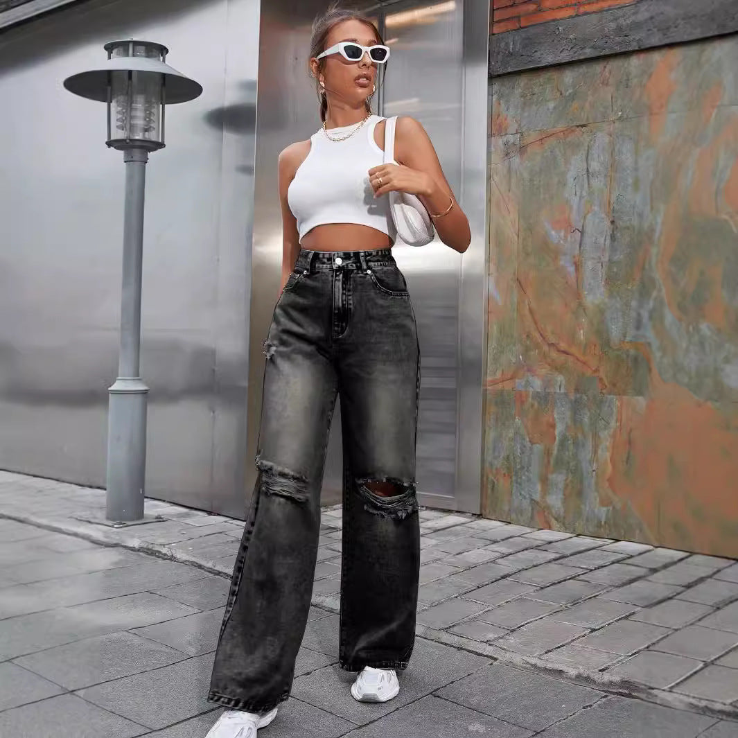 Women's Fashion Holes High Waist Wide Leg Jeans