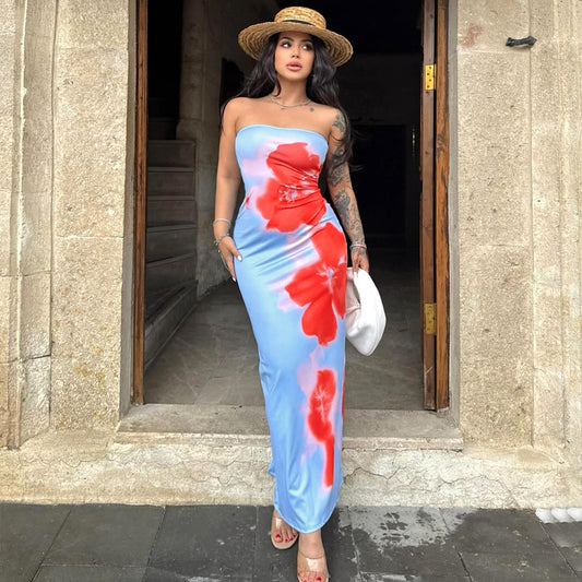 Summer High Sense Printing Color Contrast Tight Dresses