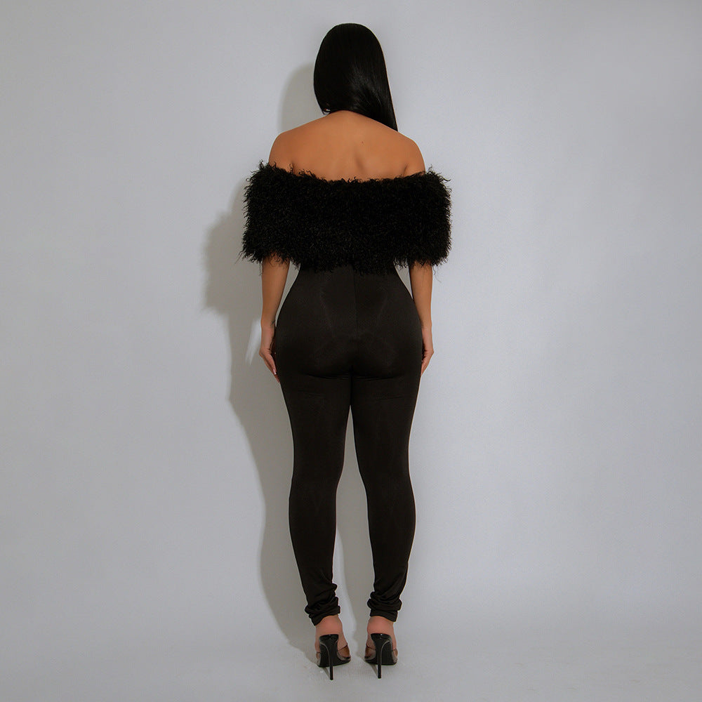 Stylish Furry Stitching Milk Silk Trousers Jumpsuits