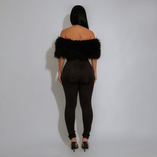 Stylish Furry Stitching Milk Silk Trousers Jumpsuits