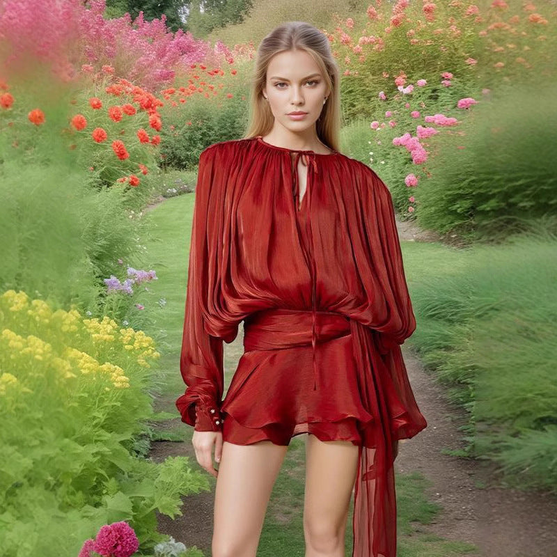 Women's Spring Idle Style Mesh Puff Sleeve Pleated Ruffled Dresses