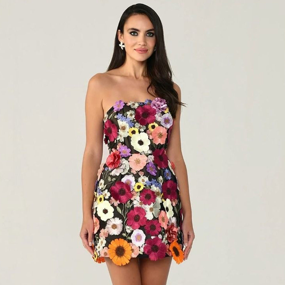 Women's Slim Tube Dress Flower Decoration A- Dresses