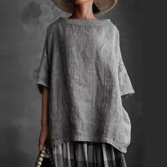 Women's Neck Cotton Linen Style Solid Color Blouses