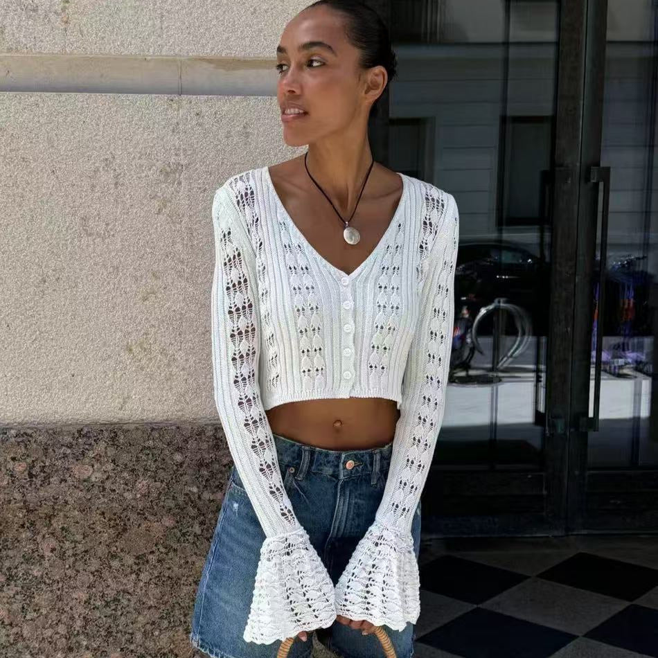 Women's Hollow Knitted Clothes Solid Color Long Blouses