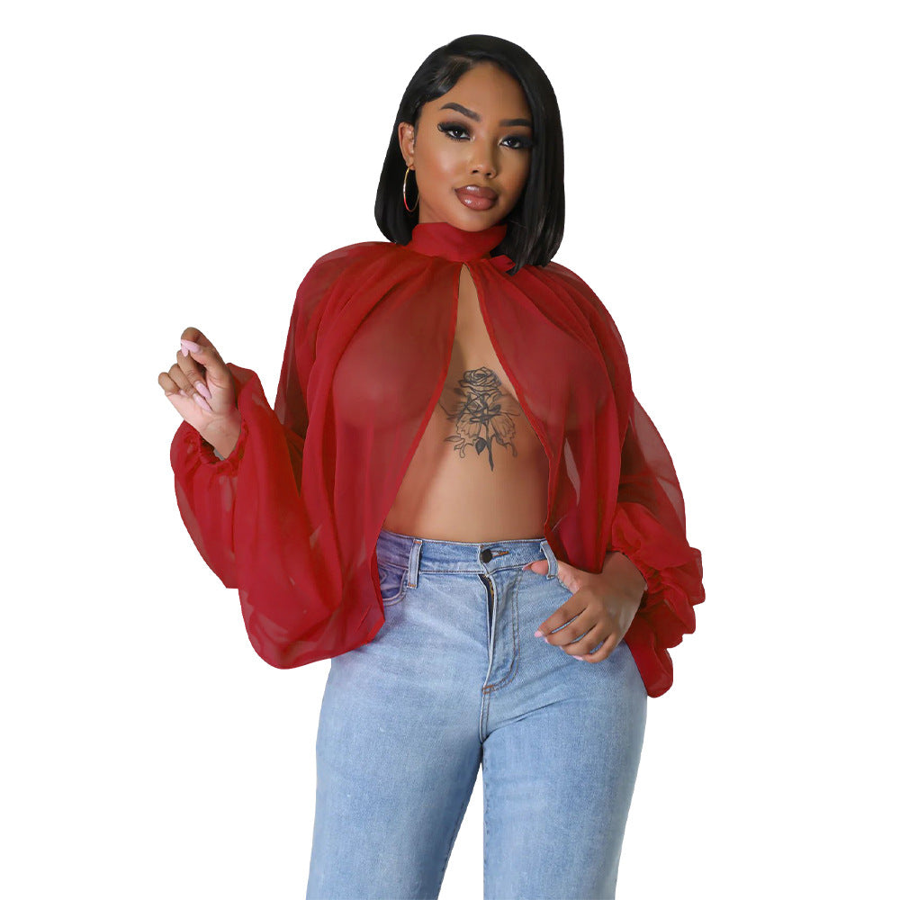 Women's Lace Printing Chiffon Shirt Batwing Sleeve Blouses