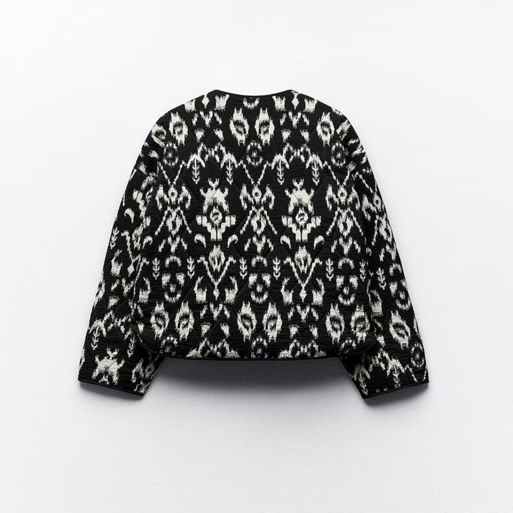 Women's Retro Collarless Pocket Printed Quilted Loose Coats