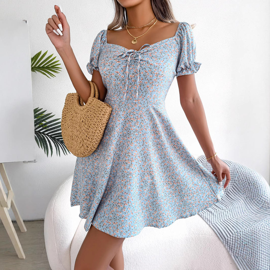 Women's Style Casual Bell Sleeve Drawstring Lace Floral Print Large Dress