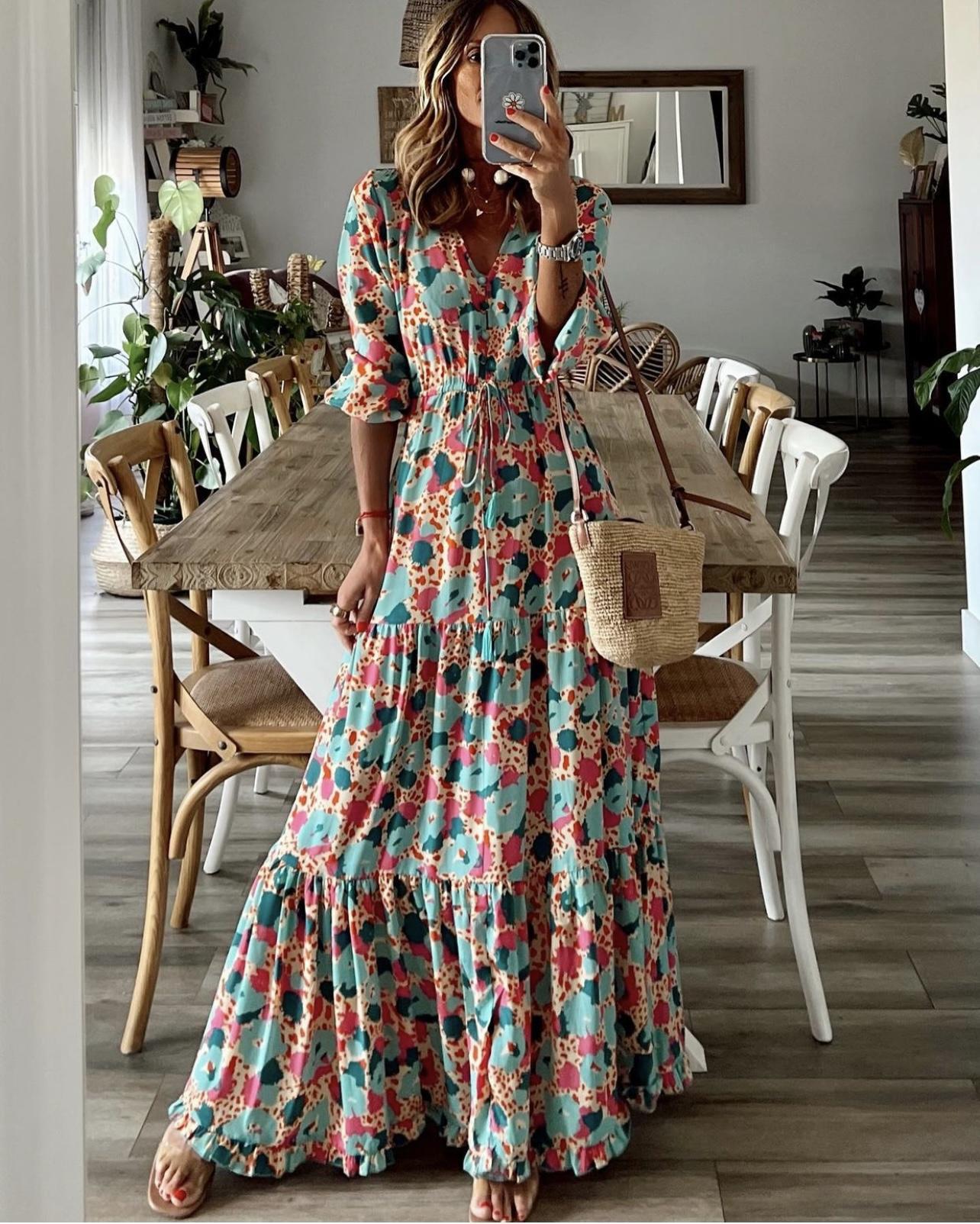 Women's Printed Short-sleeved Girdle Large Long Style Dress