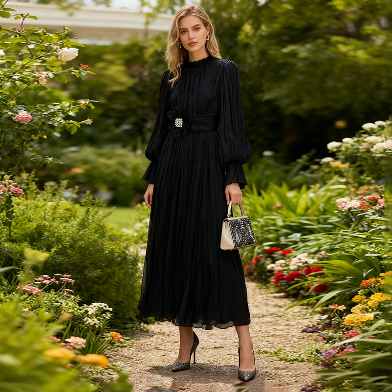 Women's Autumn Elegant Casual Style Lantern Sleeve Waist Dresses