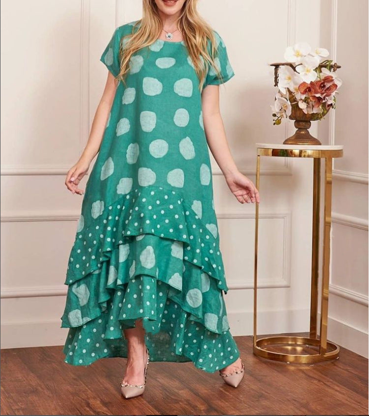 Women's Round Neck Polka Dot Swing Long Dresses