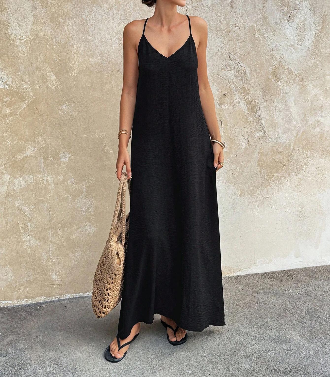 Women's Source Solid Color Sleeveless Loose Beach Seaside Creative Spaghetti Dress