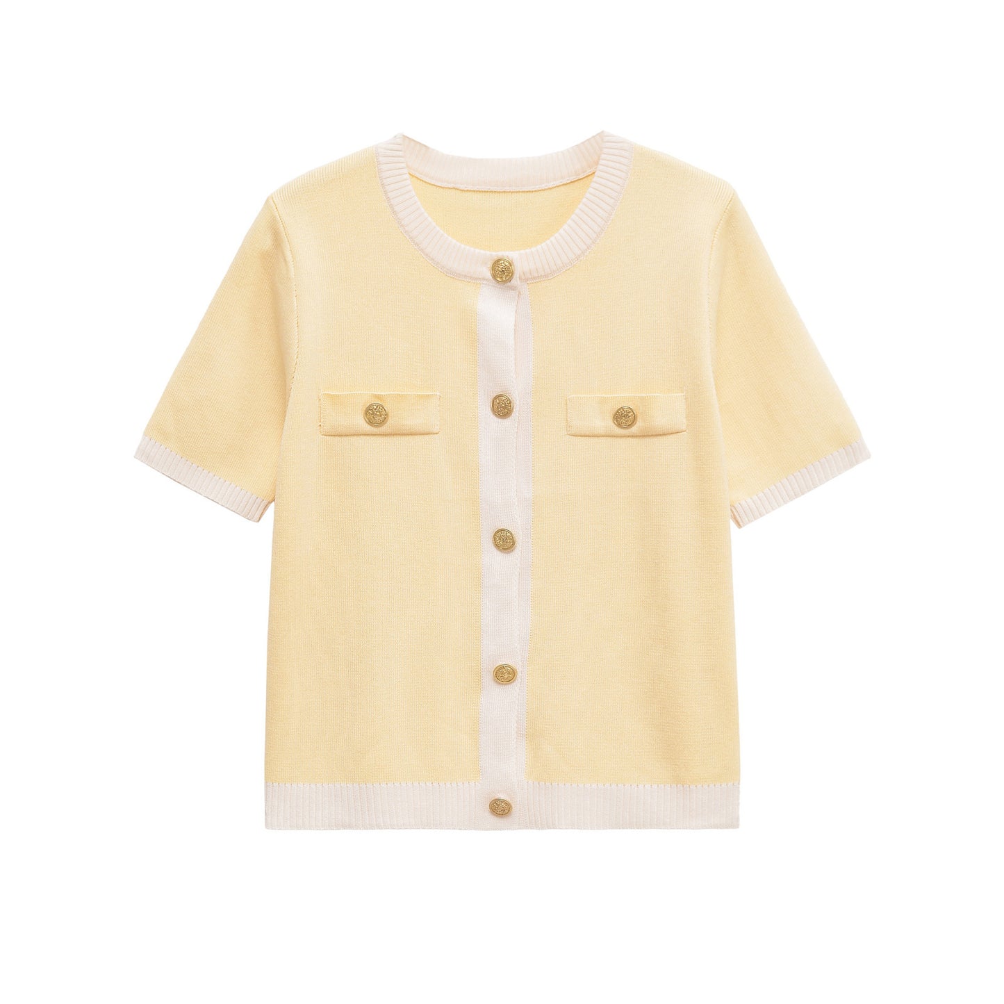 Women's Autumn Button Decoration Stitching Short-sleeved For Knitwear