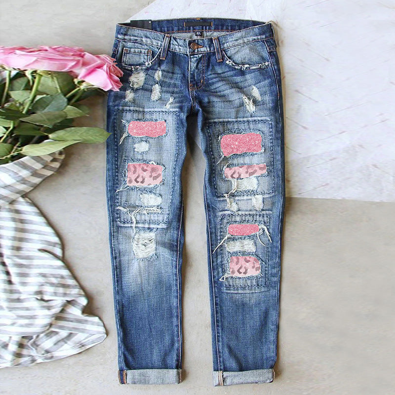 Pink Leopard Ripped Printed Casual Loose Jeans