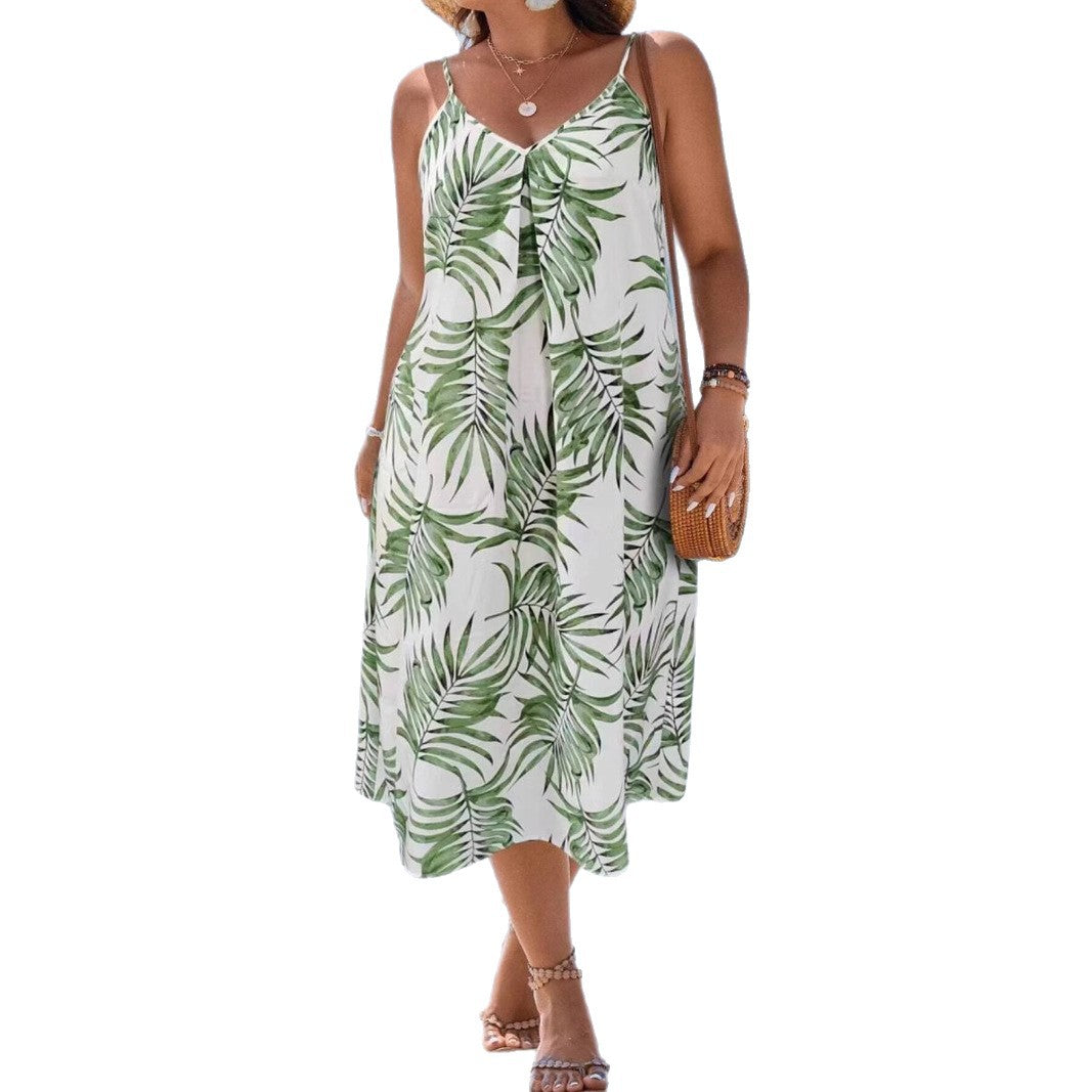 Summer Tropical Plant Printing Slip Leisure Vacation Dress