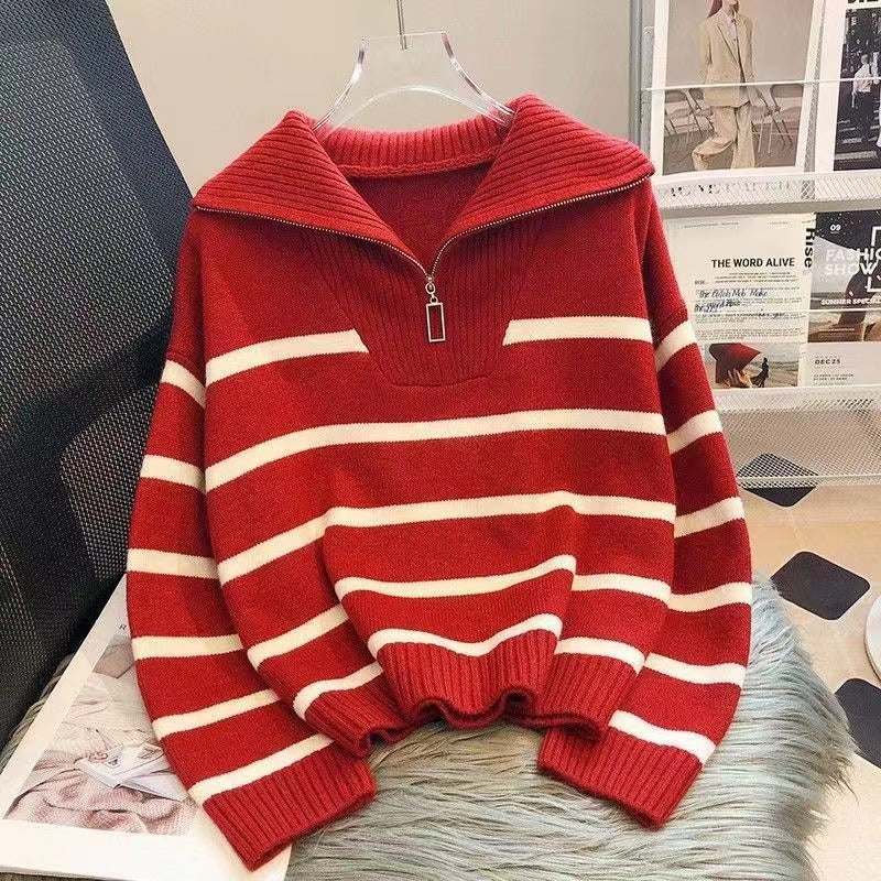 Contrast Color Striped Loose Idle Korean Style Pullover Urban Half Women's Sweater
