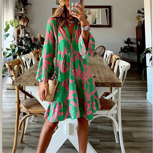 Women's Dress Long Sleeve Printed Flare Mid-length Dresses