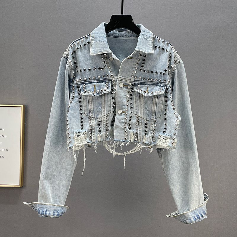 Women's Rivets With Diamonds Denim Worn Beaded Jackets