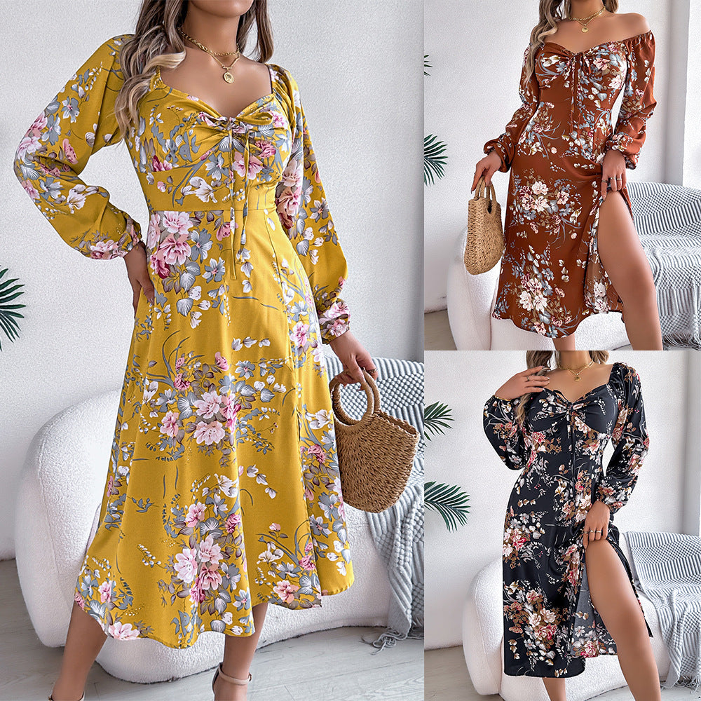 Women's Sexy Lacing Knotted Flower Long Sleeve Dress