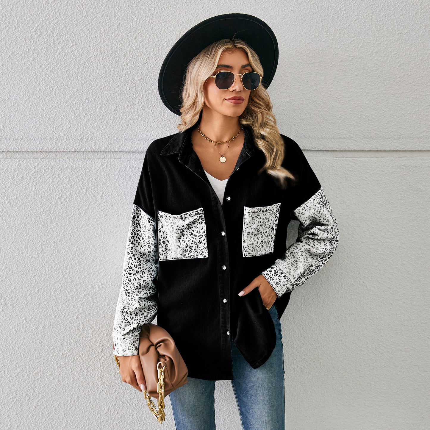Loose Leopard Print Stitching Denim Shirt Long Blouses