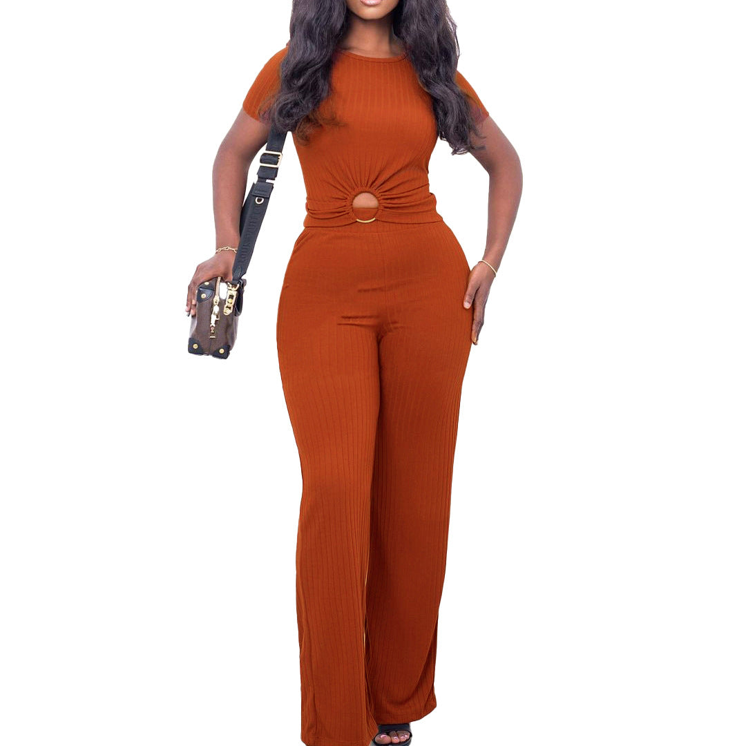 Summer Solid Color Rib Fabric Set Fashion Casual Suit