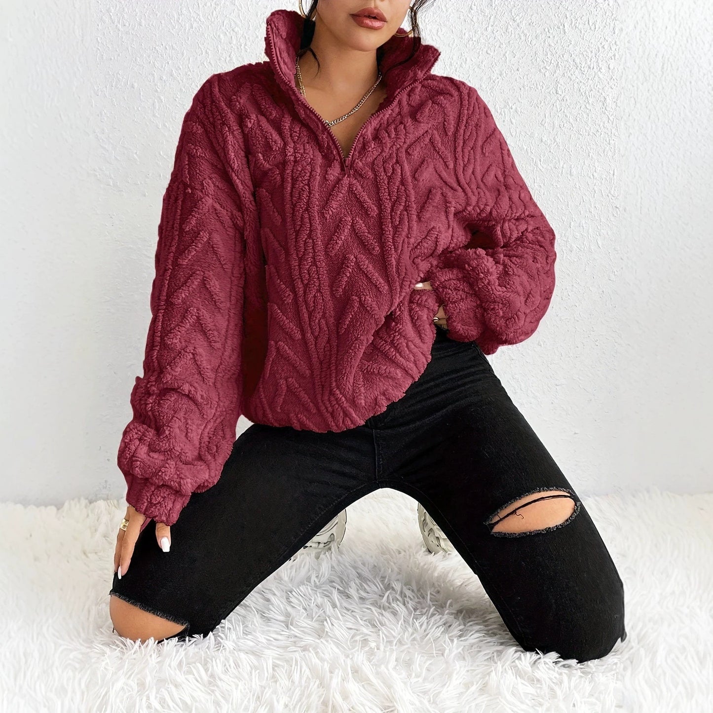 Women's Double-sided Plush Art Casual Zipper Pullover Women's Sweater, Sweater