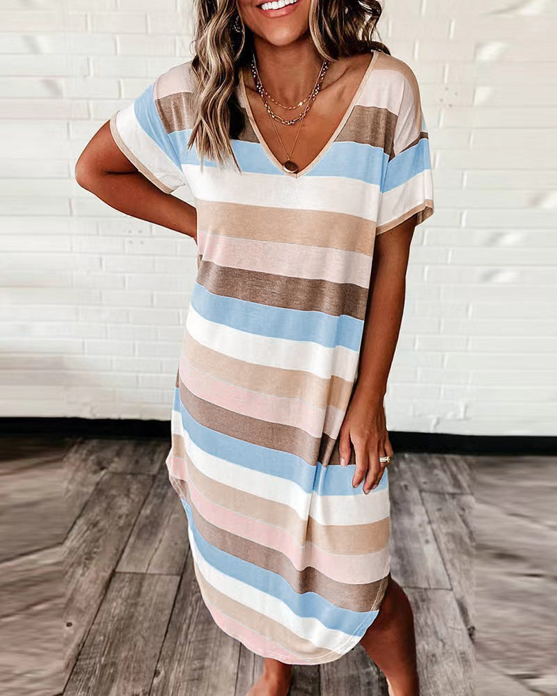 Women's Summer Loose Striped Printed Sleeve Long Dress