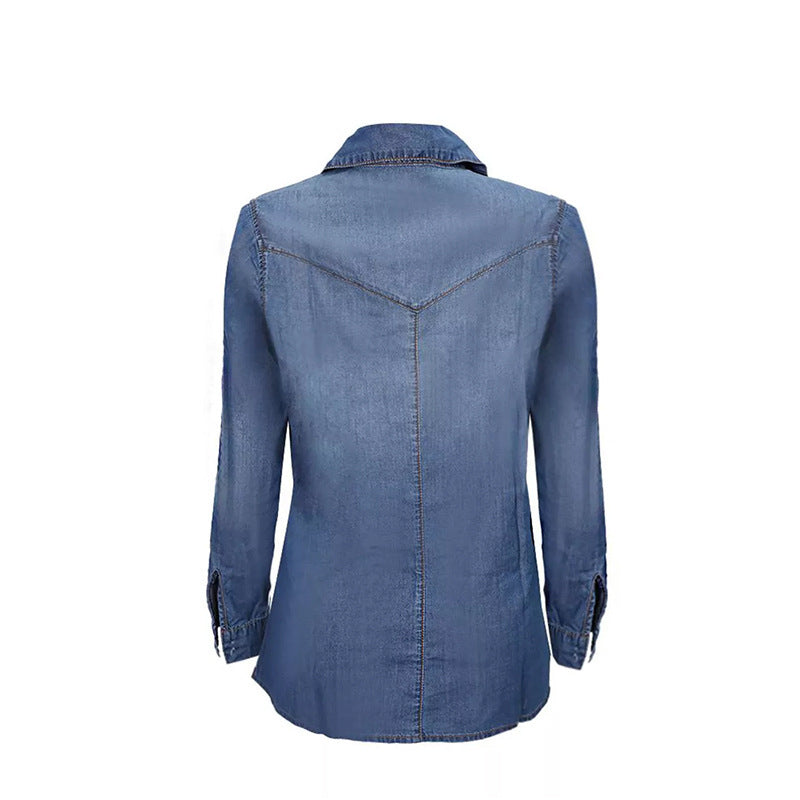 Women's Denim Shirts Button Roll Sleeve Split Blouses