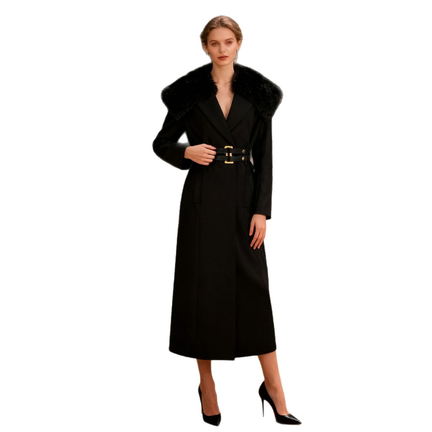 Women's French Style Temperament Fur Collar Black Coats