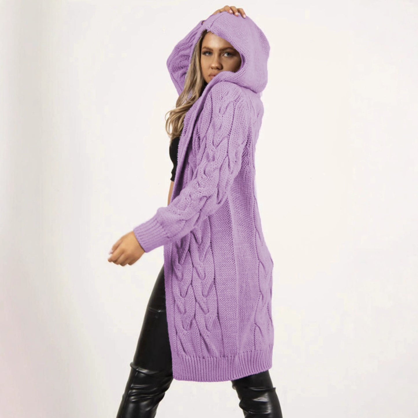Women's Twist Braid Idle Style Hooded Mid-length Women's Sweater