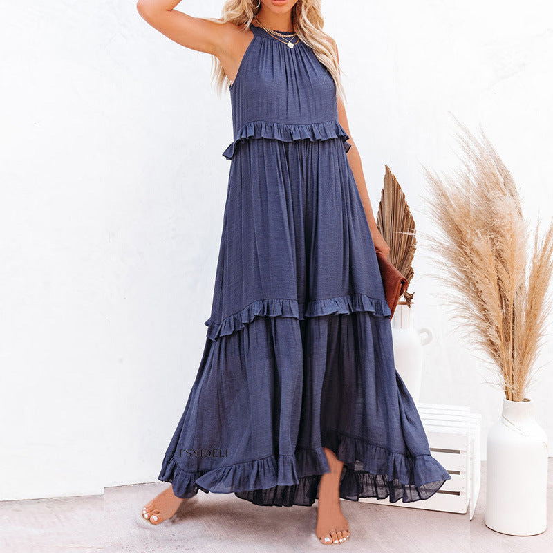 Women's Halter Elegant Ruffled Holiday Long Casual Dress