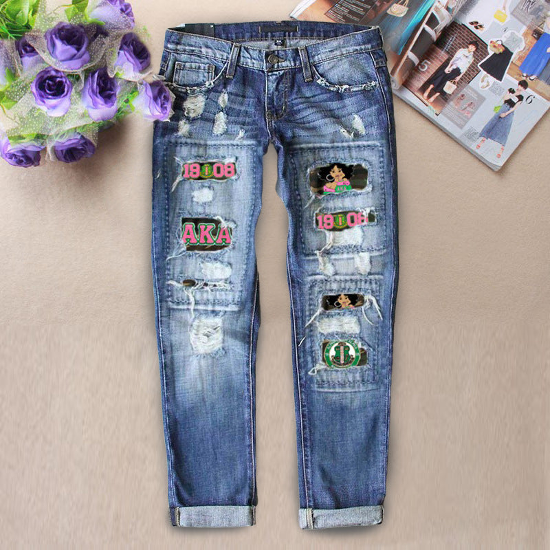 Women's For Ripped Print Lining Stickers Casual Jeans