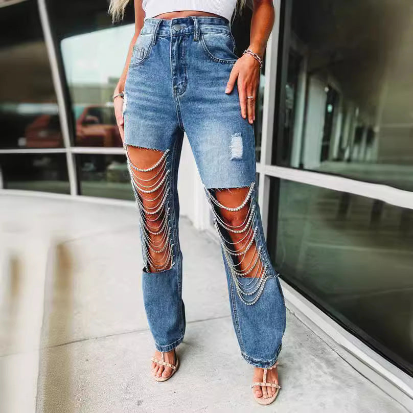 Women's Early Spring Style Big Ripped Chain Jeans