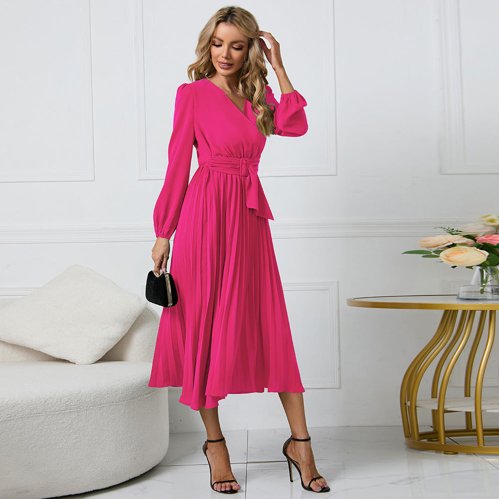 Women's Slimming Wear Long Sleeve Pleated Belt Dresses