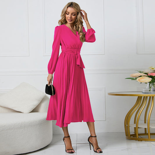 Women's Slimming Wear Long Sleeve Pleated Belt Dresses