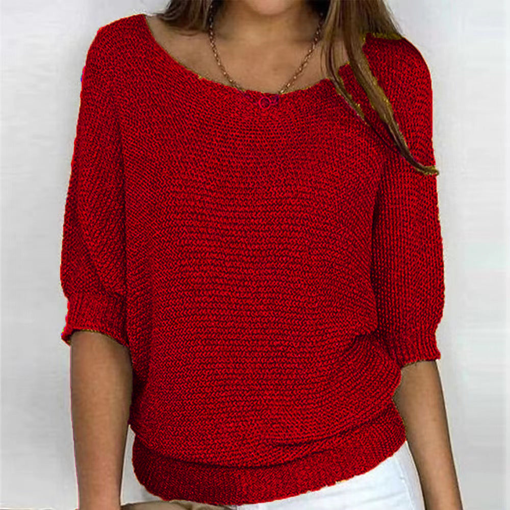 Women's Color Round Neck Commuter Elegant Cropped Sleeves For Air Conditioned Women's Sweater