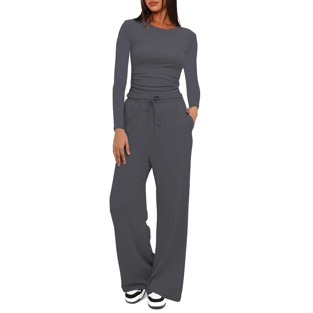 Women's Color Pleated High Waist Wide Leg Fashion Casual Suit