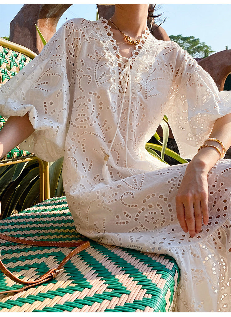 Women's French Embroidery Holiday Dress Puff Sleeve Dresses