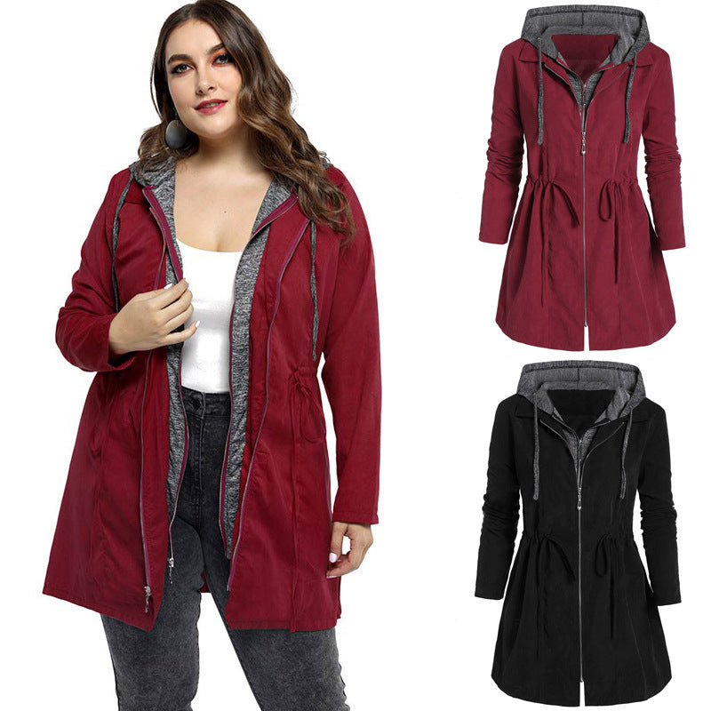 Women's Mid-length Zipper Fake Two-piece Hooded Style Coats