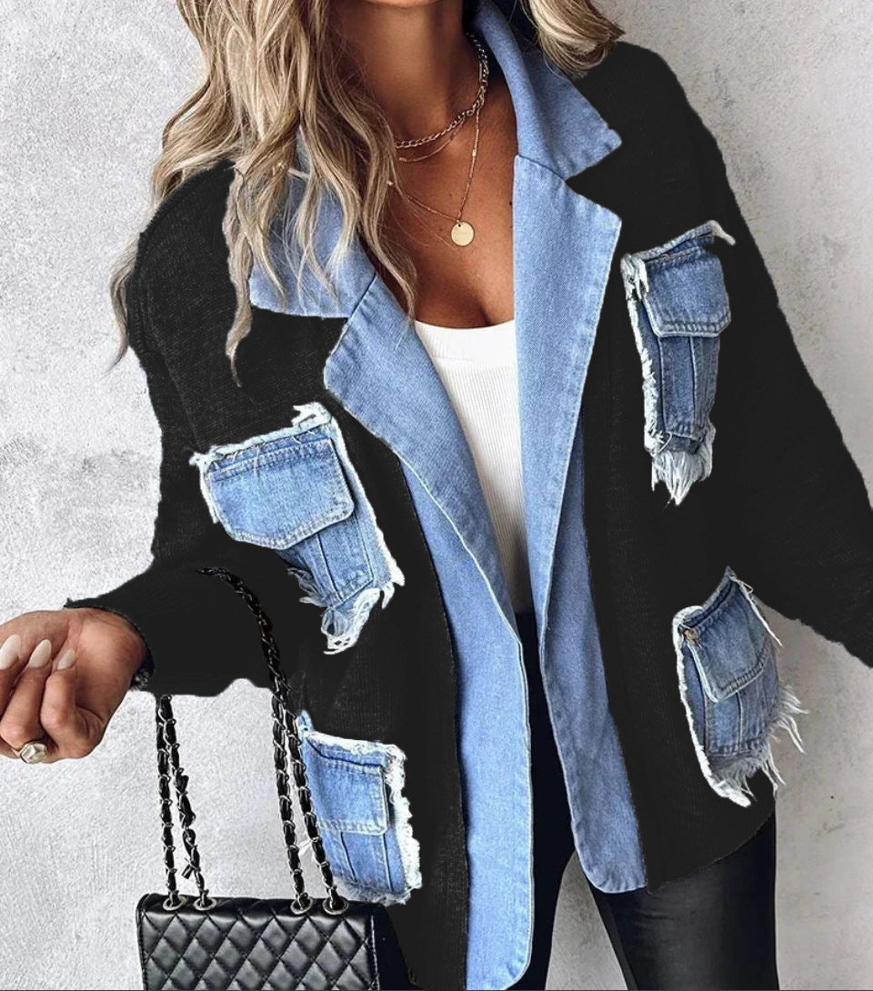 Women's Comfortable Creative Russian Denim Stitching Knitwear