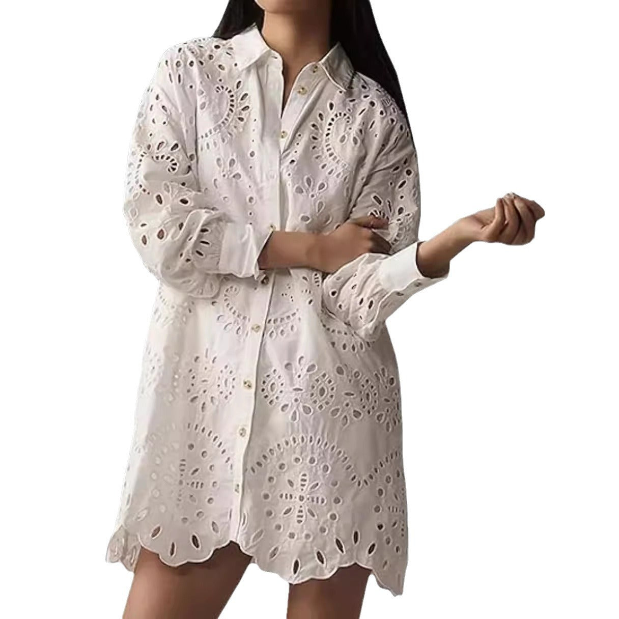 Women's Solid Color Shirt Collar Loose Embroidered Blouses
