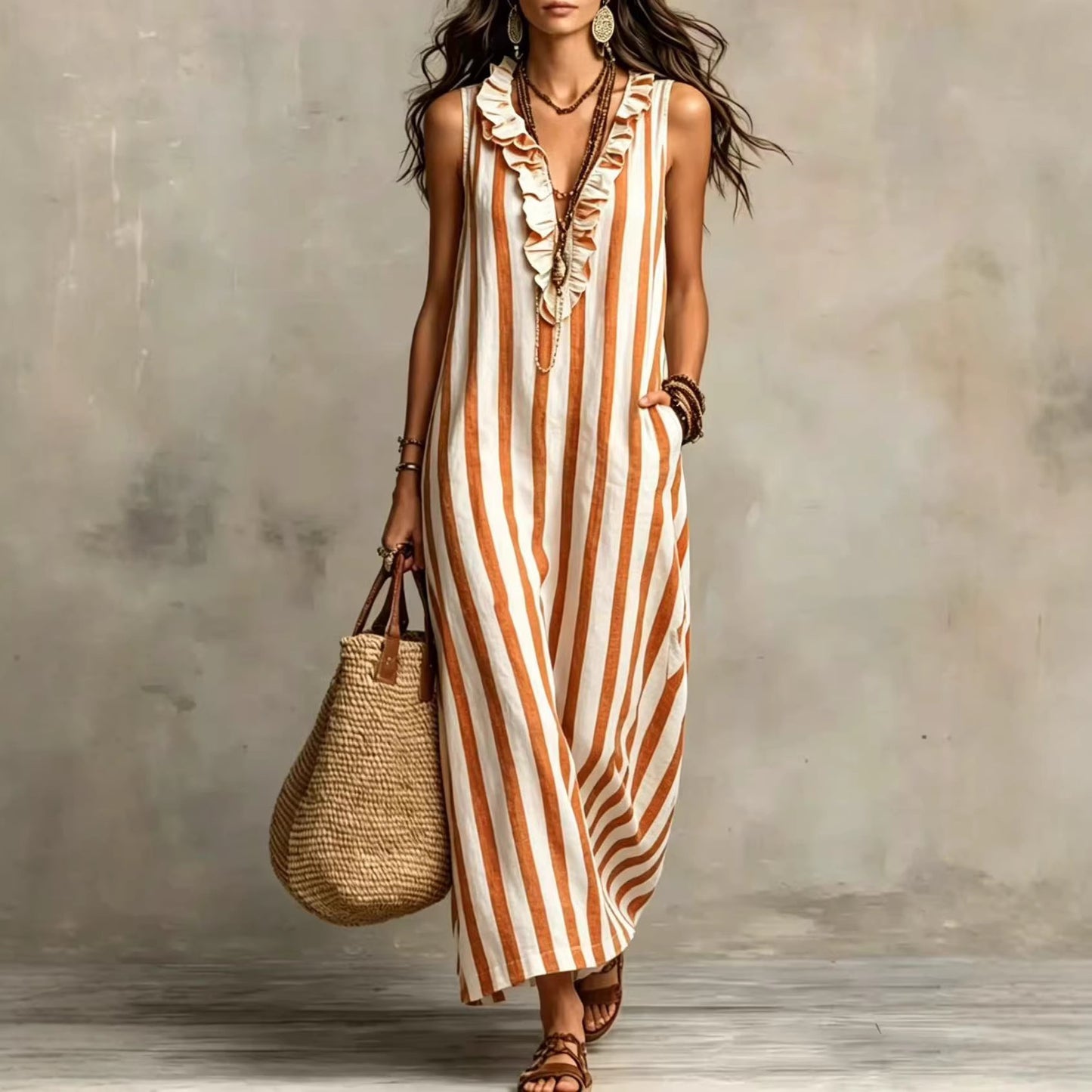 Summer Bohemian Style Vertical Stripes Ruffled Dress
