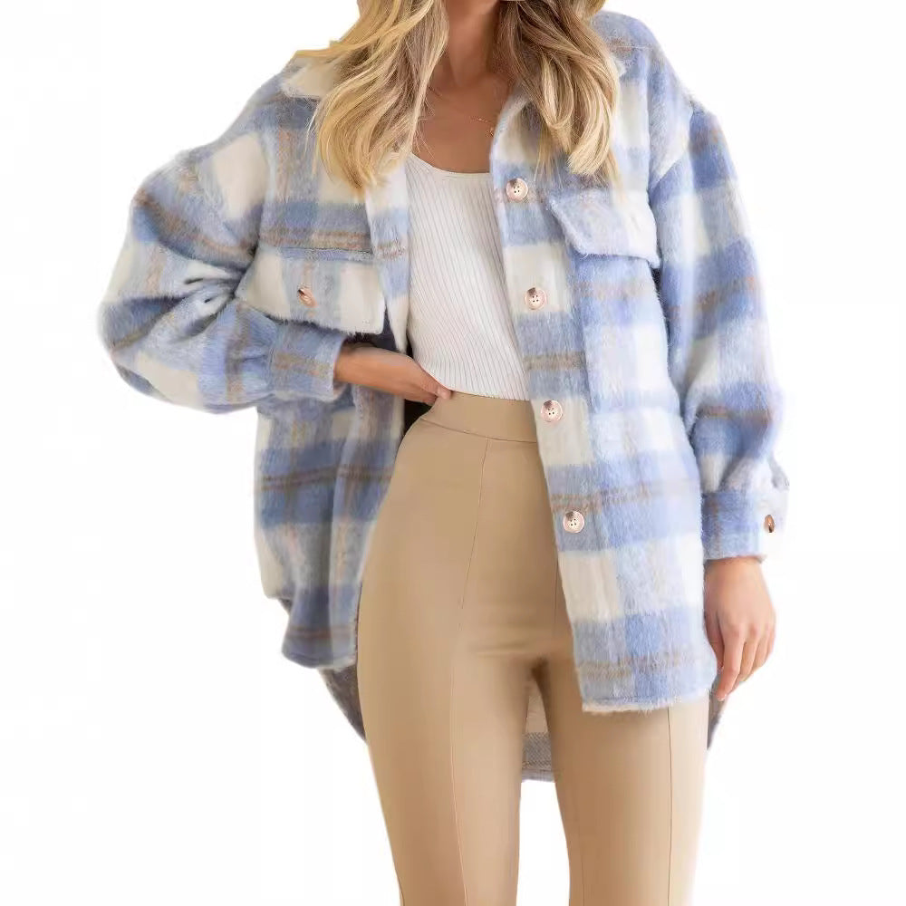 Women's Winter Fashion Plaid Large Pocket Coarse Coats
