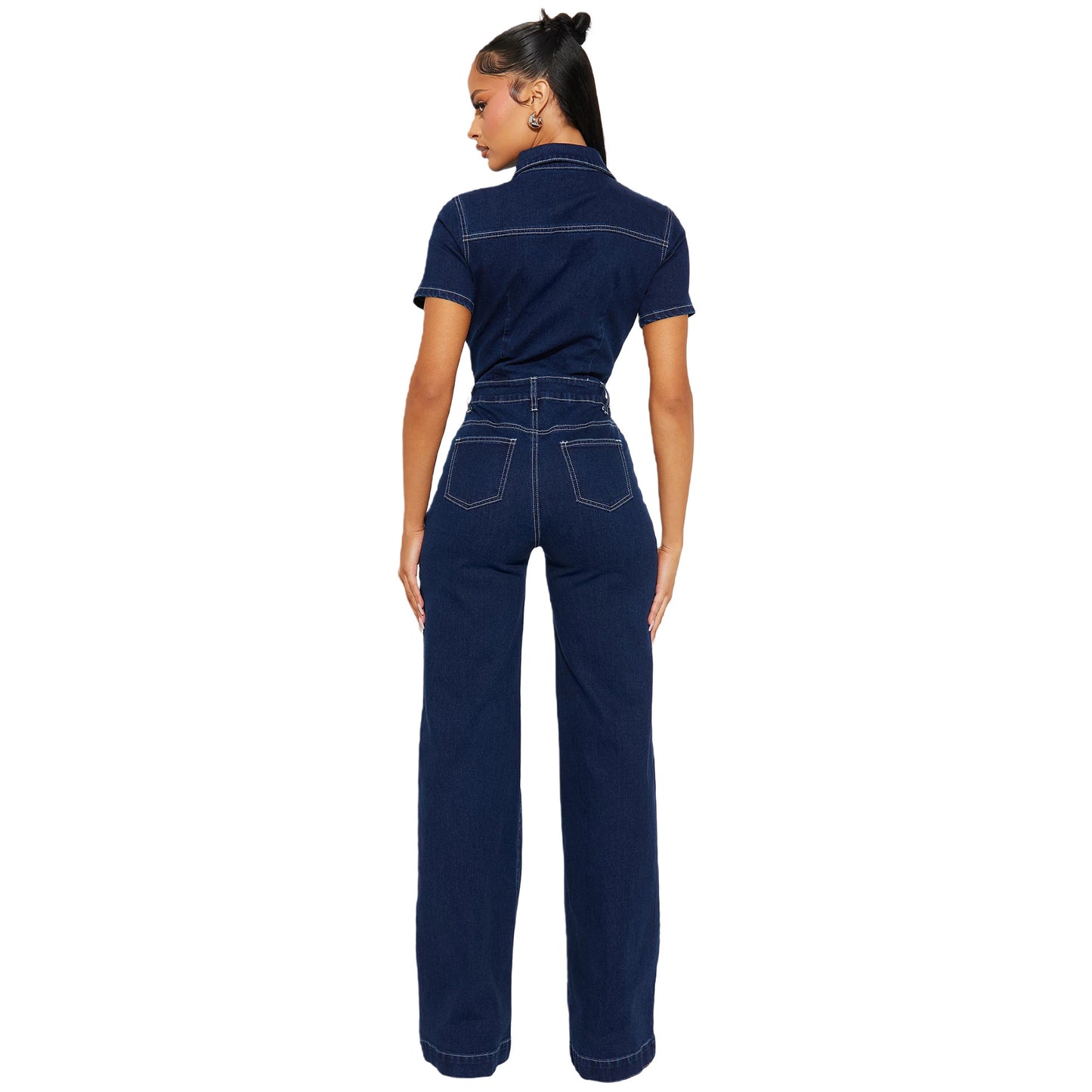 Loose Elastic Trumpet Wash Sleeve Denim Jumpsuits