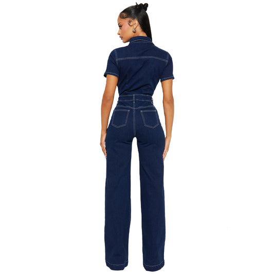Loose Elastic Trumpet Wash Sleeve Denim Jumpsuits