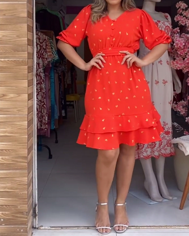 Versatile Women's Printed Short-sleeved Button Waist Dress