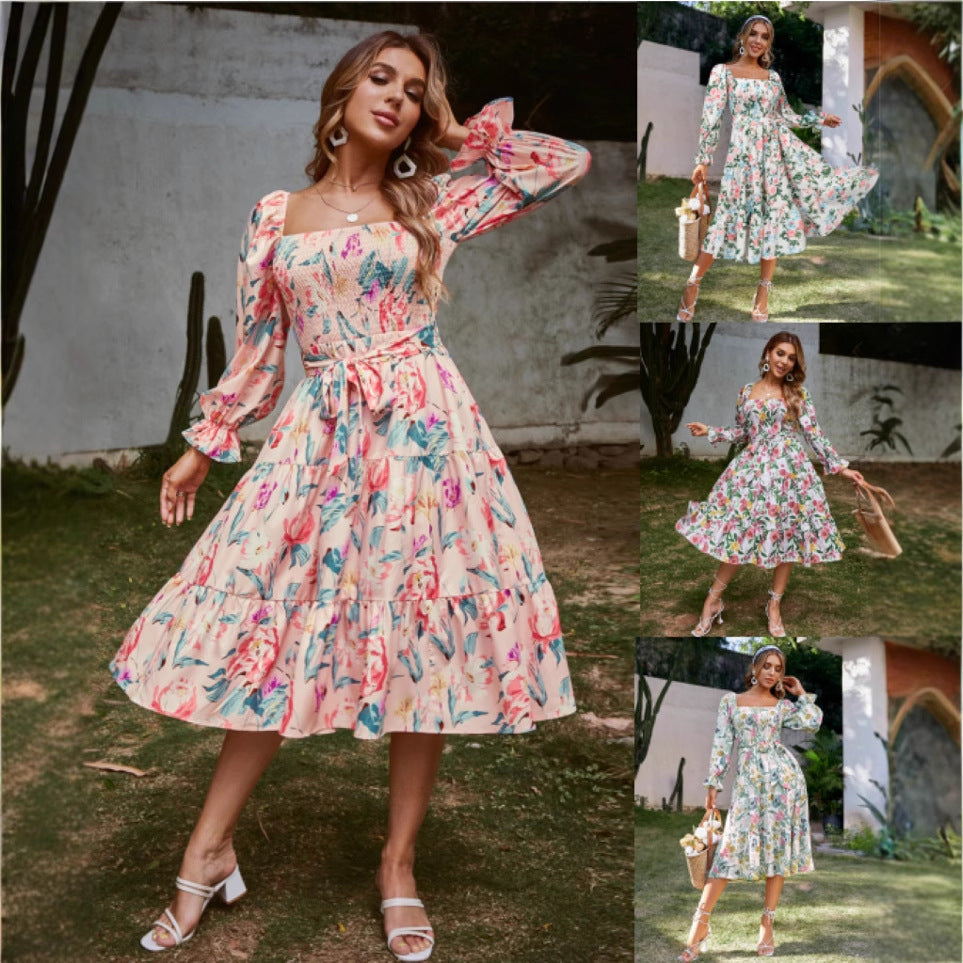 Square Collar Flared Long Sleeve Smocking High Dress