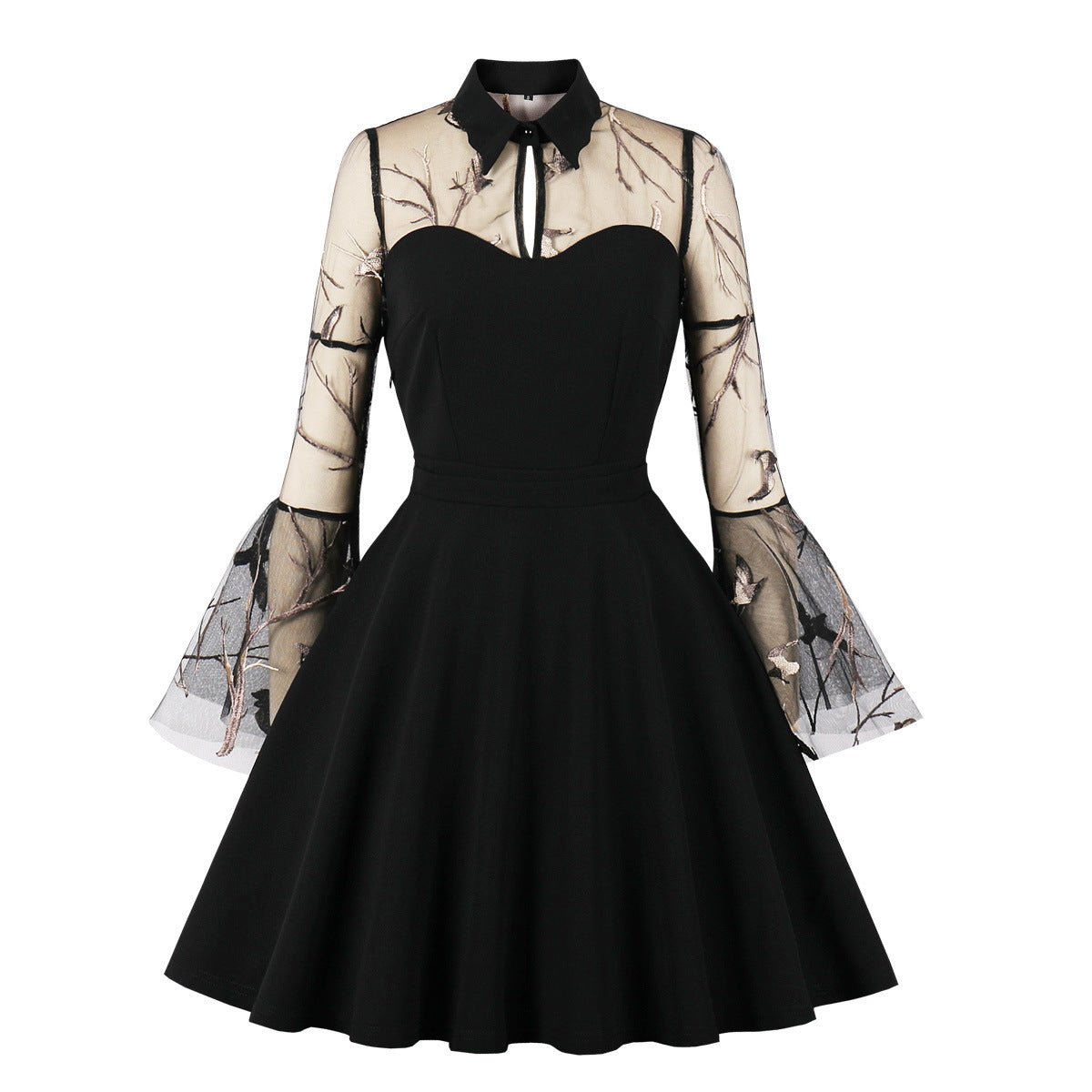 Women's Mesh Embroidered Bell Sleeve Patchwork Retro Dresses